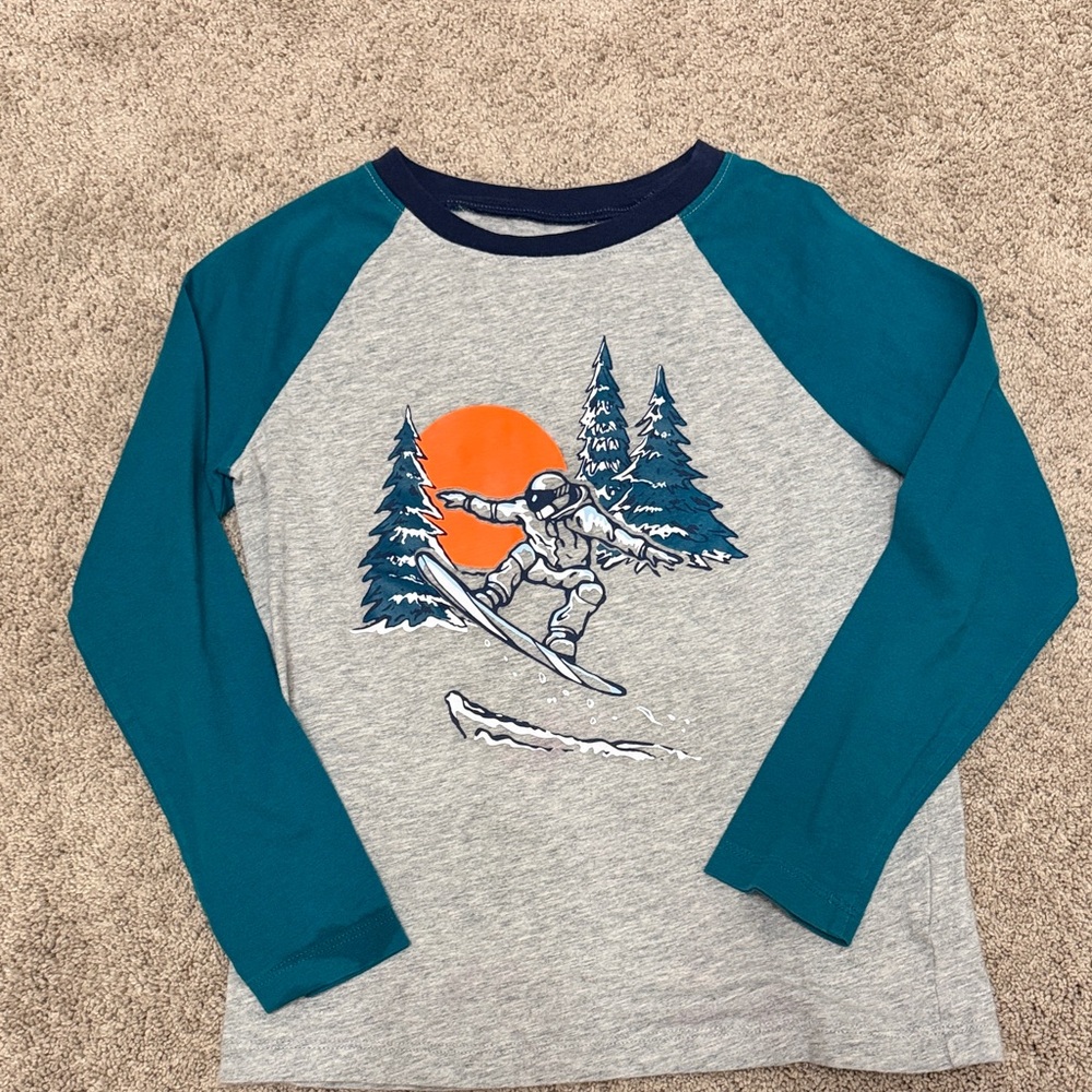 Lands' End Teal Sleeve Raglan Tee with Snowboard Graphic